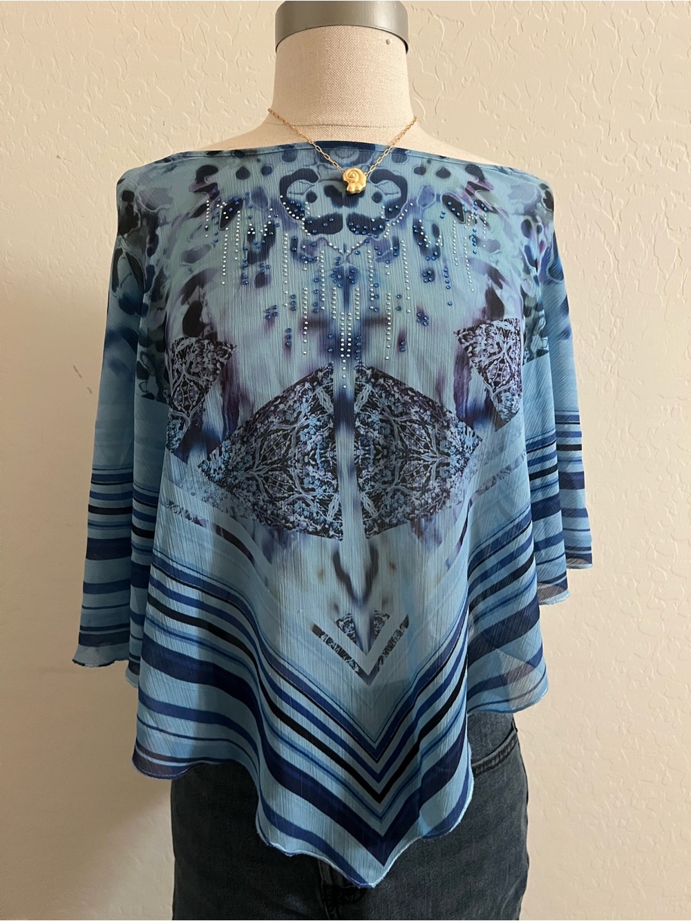 Blue Patterned Women's Poncho Top